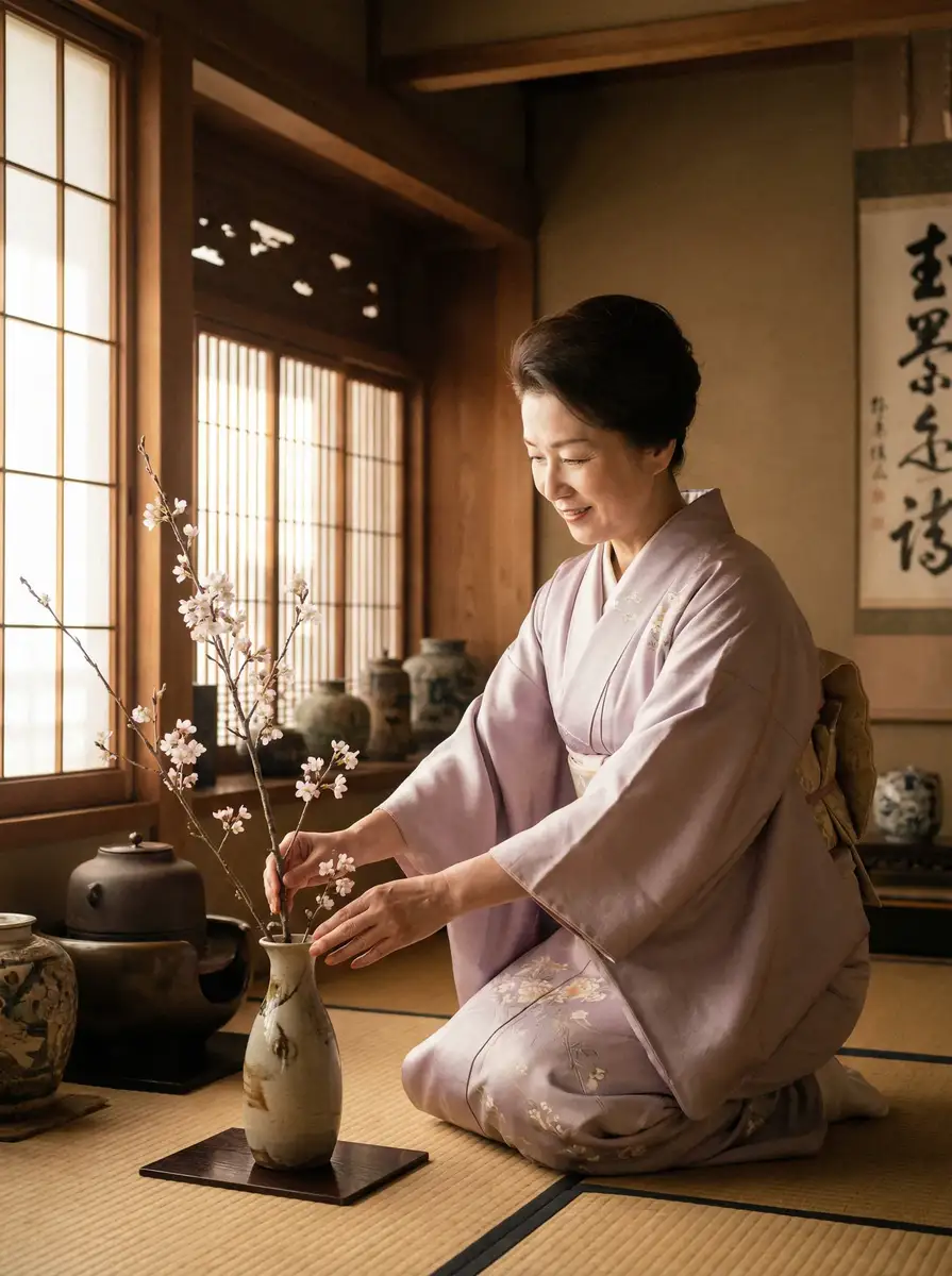 一位优雅的 [萝莉岛]萝莉岛永久地址::精品萝莉岛在线播放 在和室中插花